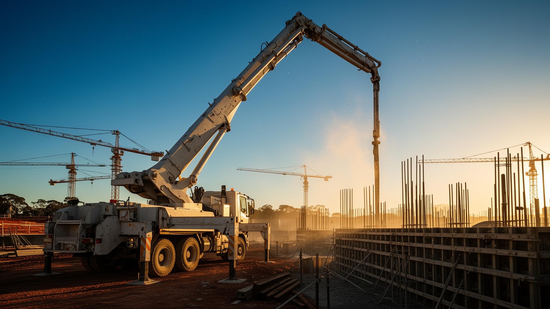 Concrete boom pump truck placing concrete on an Australian construction site